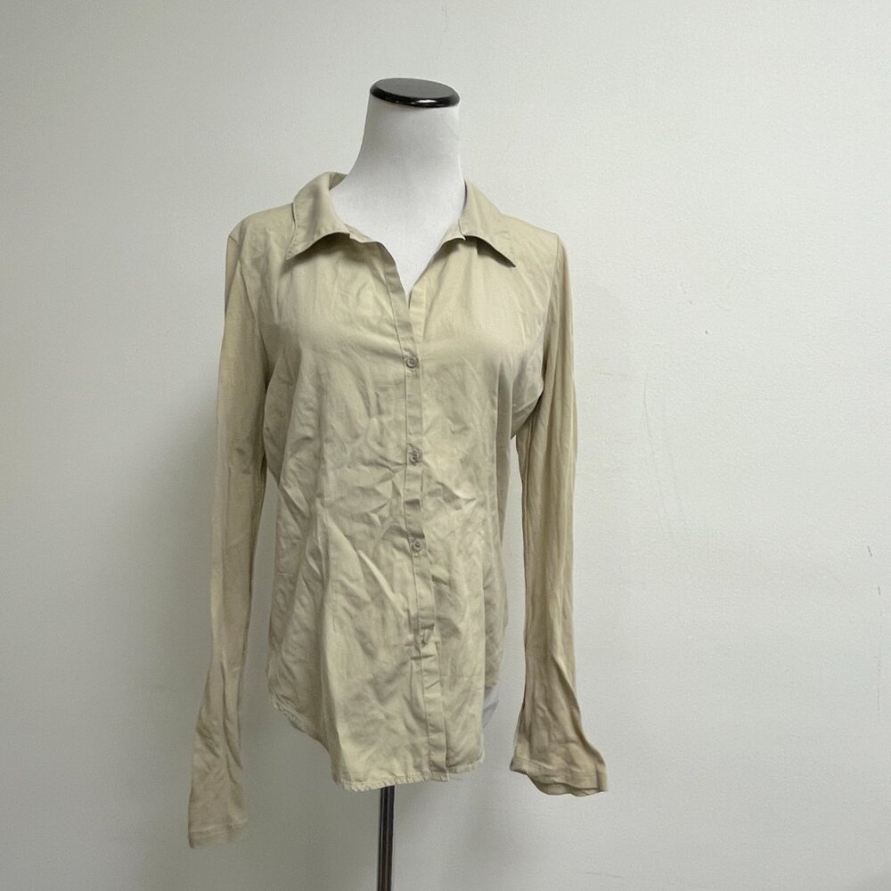 James Perse tan shirt buttom up mixed media made in USA 4